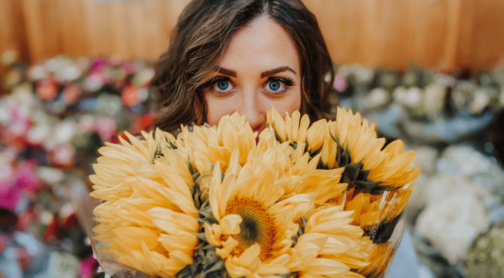 image of Kiara peering over sunflowers